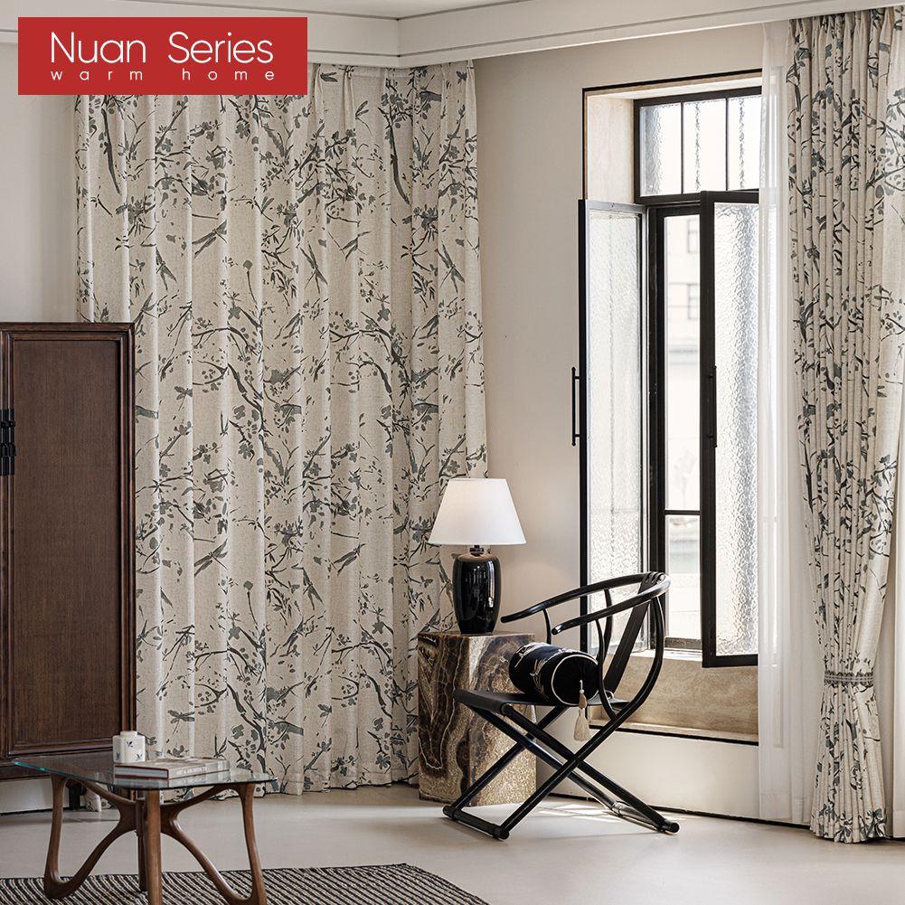 1PC Nuan Series Linen Texture Printed Sheer Curtain New Chinese Ink Bamboo Pattern Tulle for Living Room Bedroom Balcony Window Home Decor