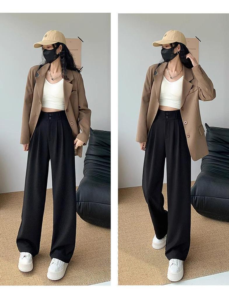 145 High-Waisted Slimming Double-Button Petite Suit Pants for Women - Pear-Shaped, Narrow to Wide-Leg, Casual Spring/Autumn Wear