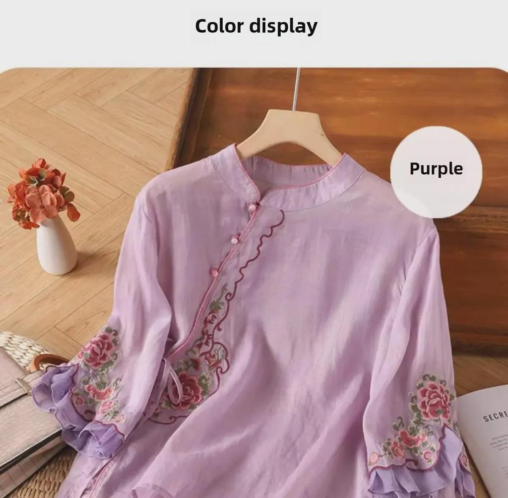 Women's Ethnic Embroidered Cotton-Linen Shirt, Oblique Collar, 3/4 Sleeves, Retro Literary Summer Tea Dress.