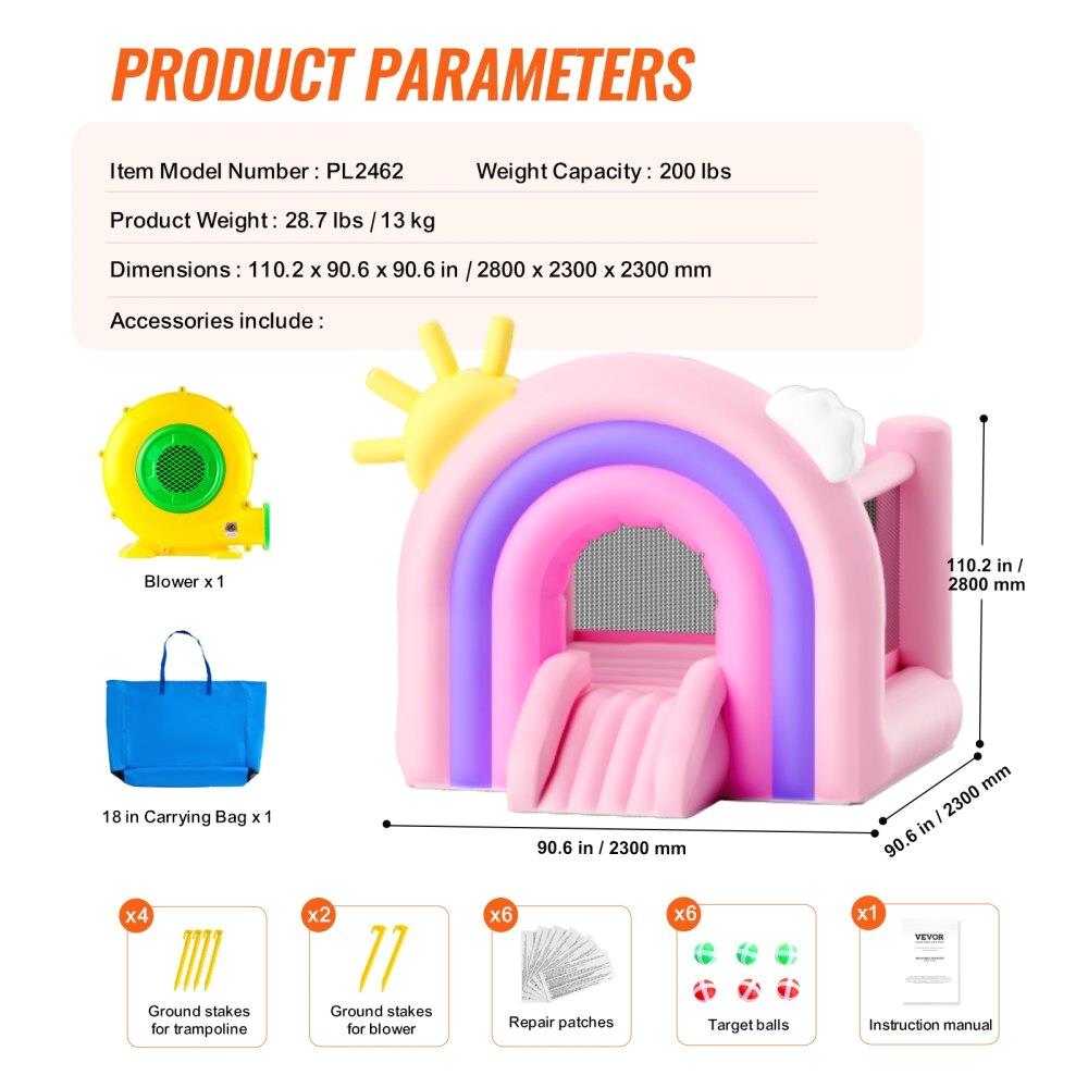 Inflatable Bounce House with Slide & Blower - Fun Indoor/Outdoor Playhouse for Kids Ages 3-8 - 110x91x91 Inch Bouncy Castle