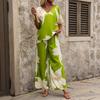 2025 Summer Independent Station TEMU Hot Sale Women's Casual Print Two-Piece Set Bat-Sleeve V-Neck Top + Long Pants