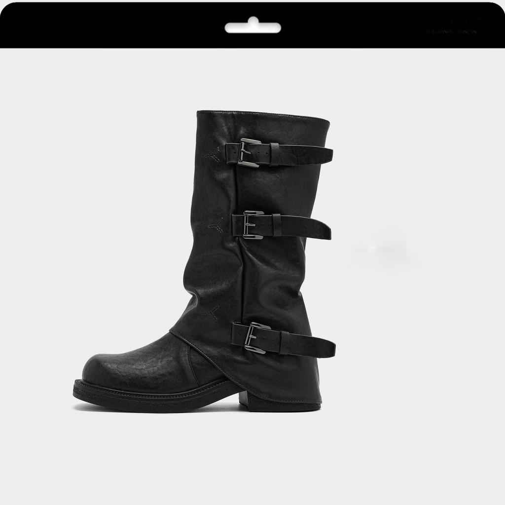 Thick-soled Belt Buckle Pleated Medium Boots Women's 2025 Autumn and Summer New Western Cowboy Short Boots Martin Boots Pant Tube Boots
