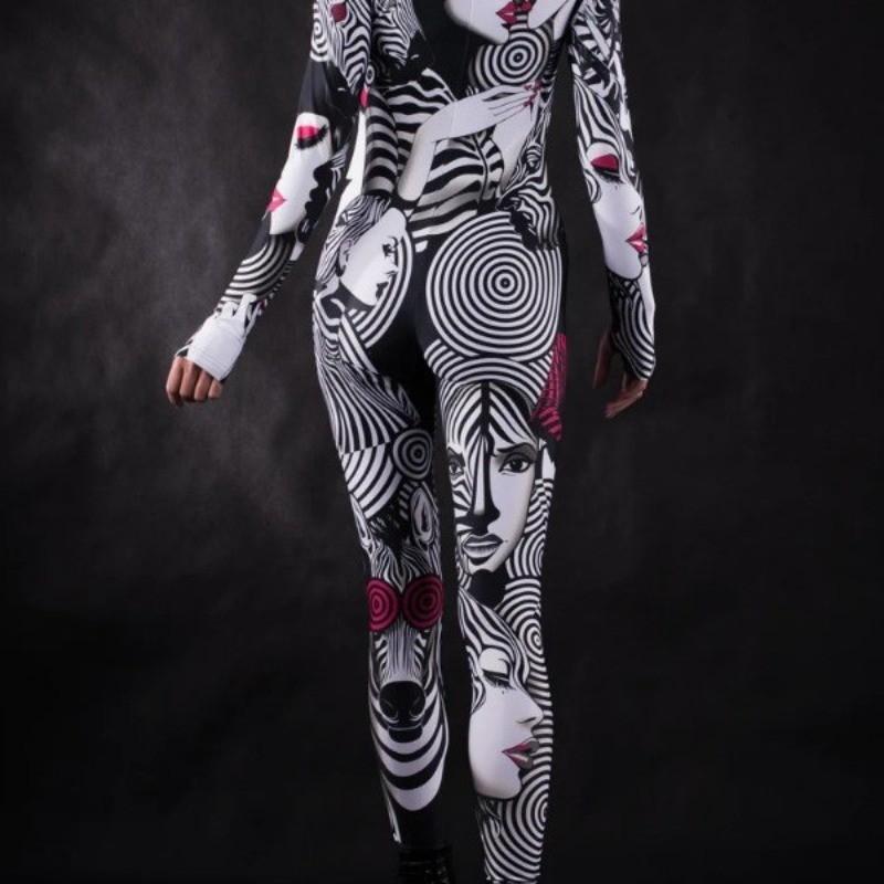 Zebra Lines Women Face 3D Digital Printing Jumpsuit Adults Stage Dance Performance Outfit Halloween Party Dress Up Costume