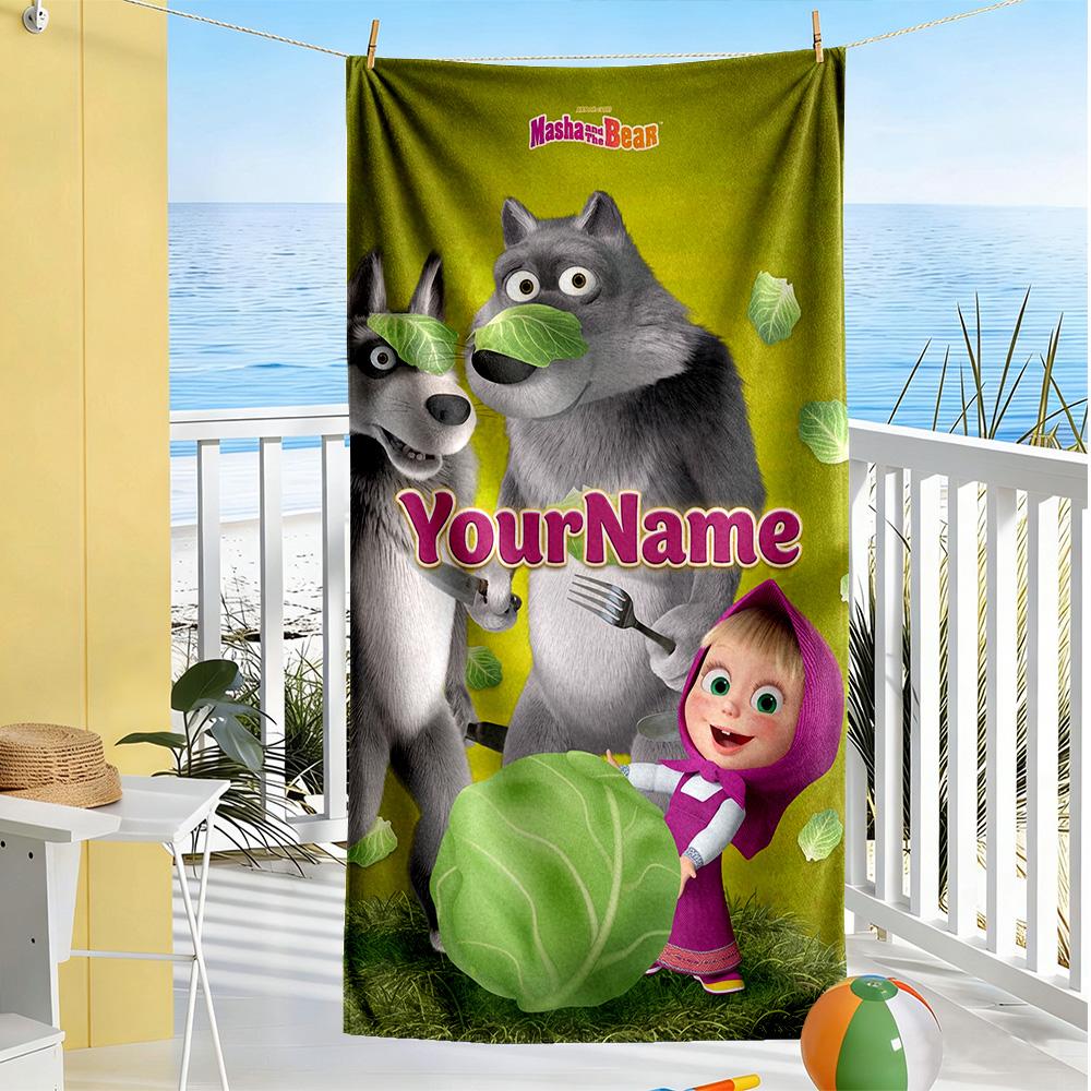 Masha Bear Customizable Name Beach Towel Soft Durable Quick-Dry Ideal for Travel Outdoor Swim Pool Yoga Surf Camping Hiking Gym Gift Holiday