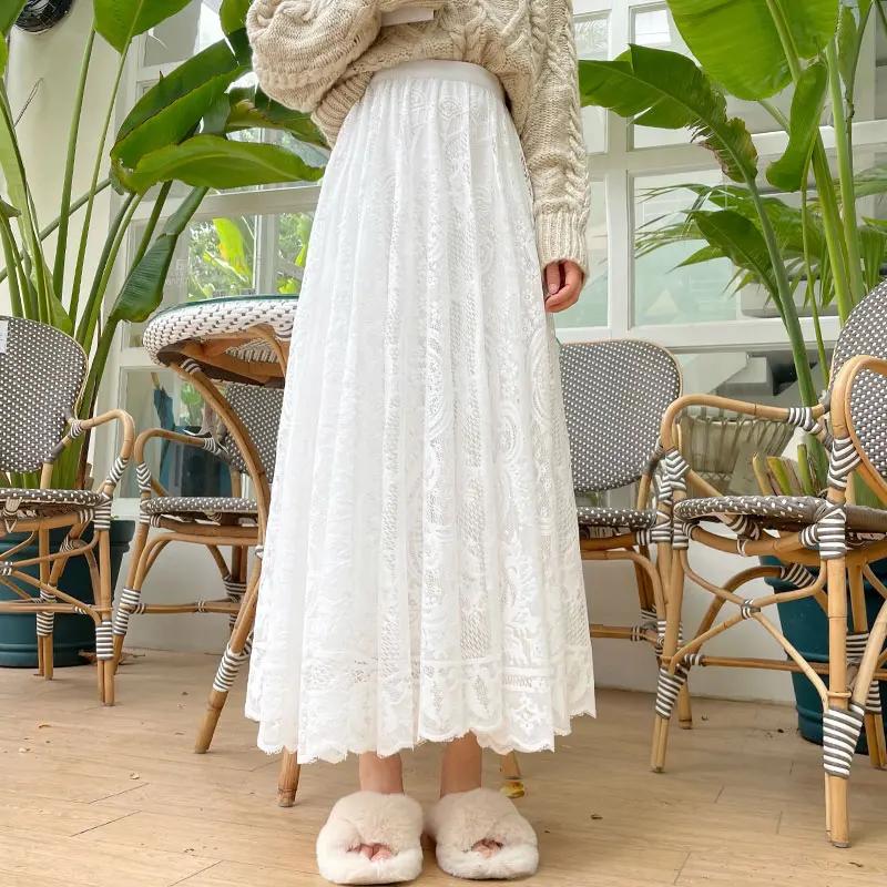 Spring Summer Women Long Skirt Fairy Palace Style Custom Lace Oversize Pendulum Mid-length Female Skirts