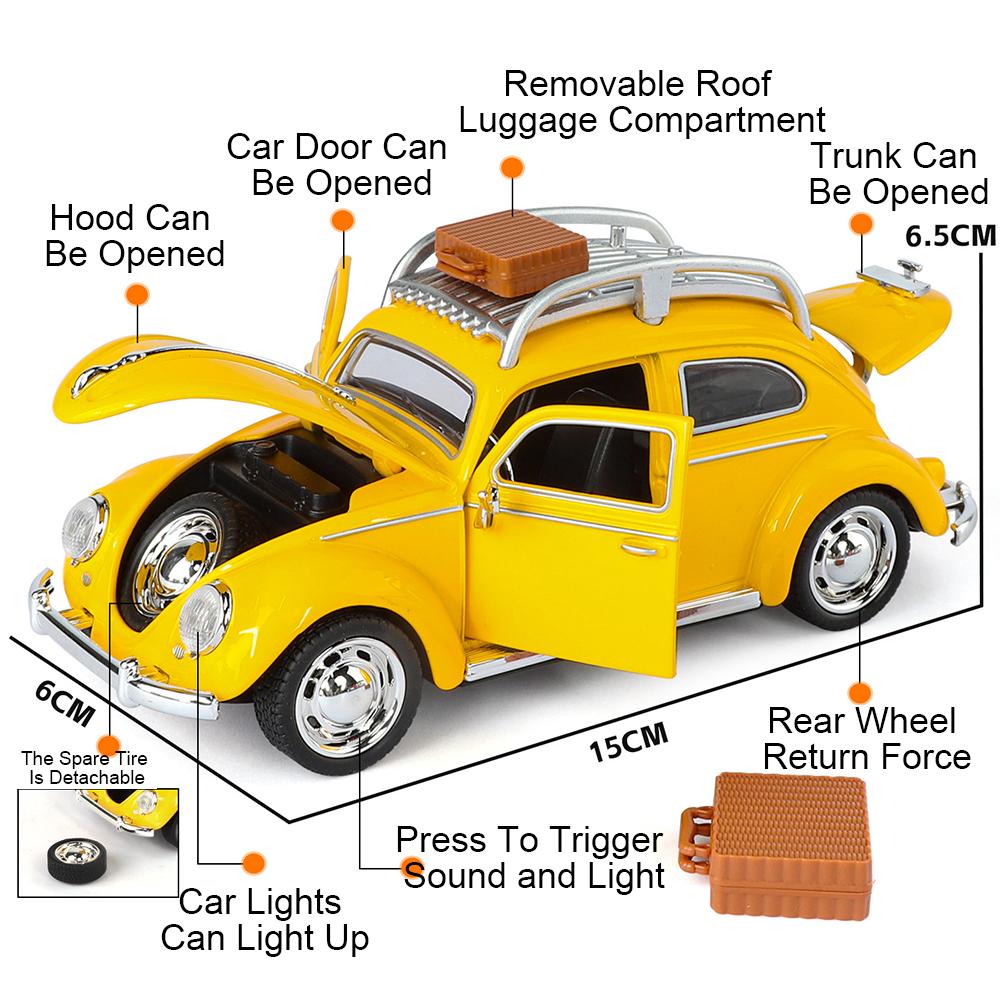 1:32 Scale T1 Beetle Miniature Model Alloy Diecast Toys Car Doors Opened Sound Light Pull Back Vehices Children's Birthday Gifts
