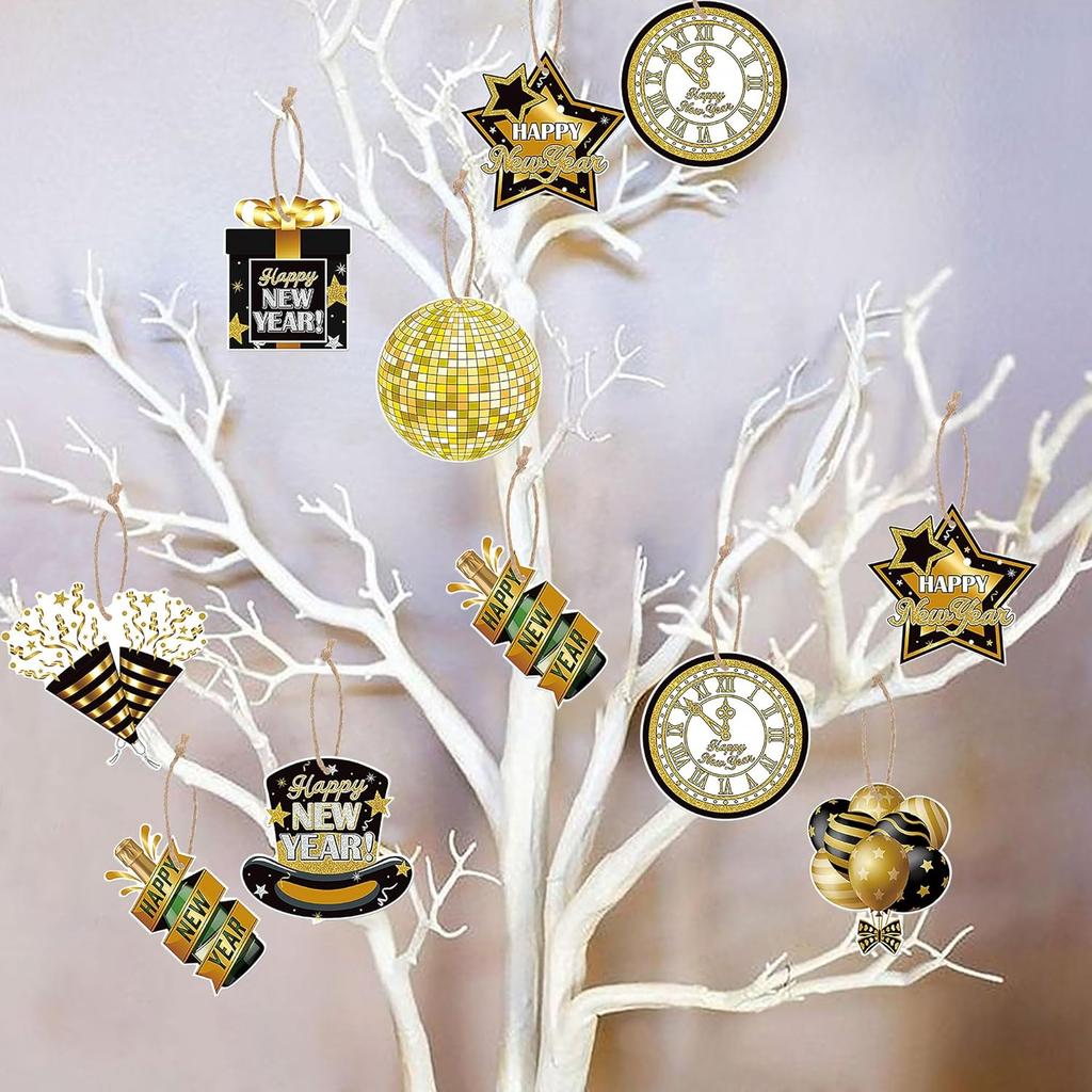 Lucleag 32Pcs Happy New Year 2026 Hanging Decorations, Black Gold Tree Ornaments New Years Hanging Ornaments for 2026 New Year Eve Party Supplies