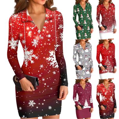 Damen V-Ausschnitt Lässig Print Langarm Figurbetontes Kleid