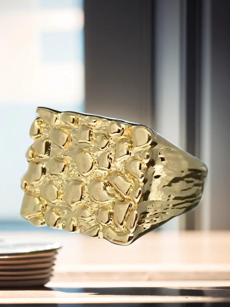 Jianjie Men's Uneven Bumpy Luxury Gold/Silver Color Rings Square Delicate Party for Business Men Charming Accessories