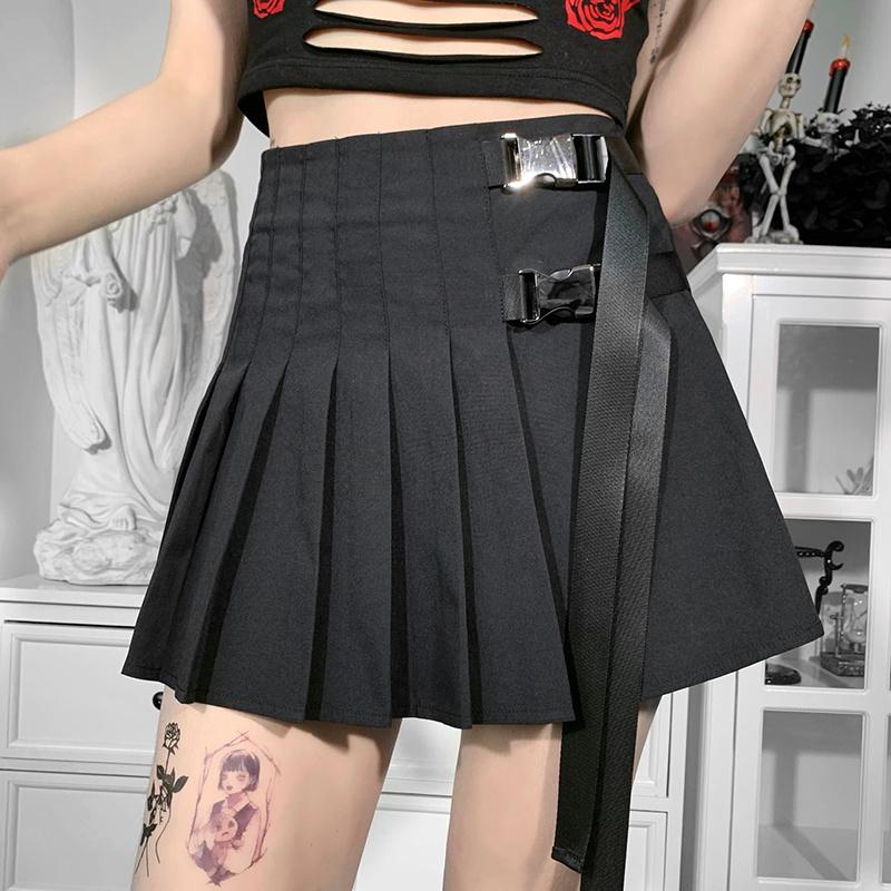 Buy Punk Metal Buckle Black Skirt Gothic High Waist Pleated