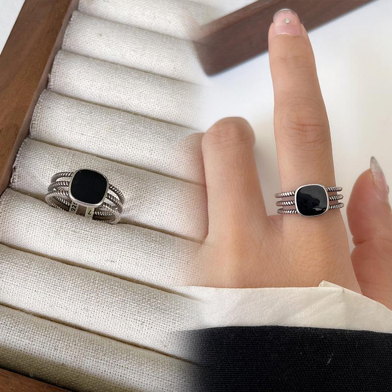 Black Drip Glaze Retro Thai Silver Jewelry Women's Non-fading High-end Open Ring