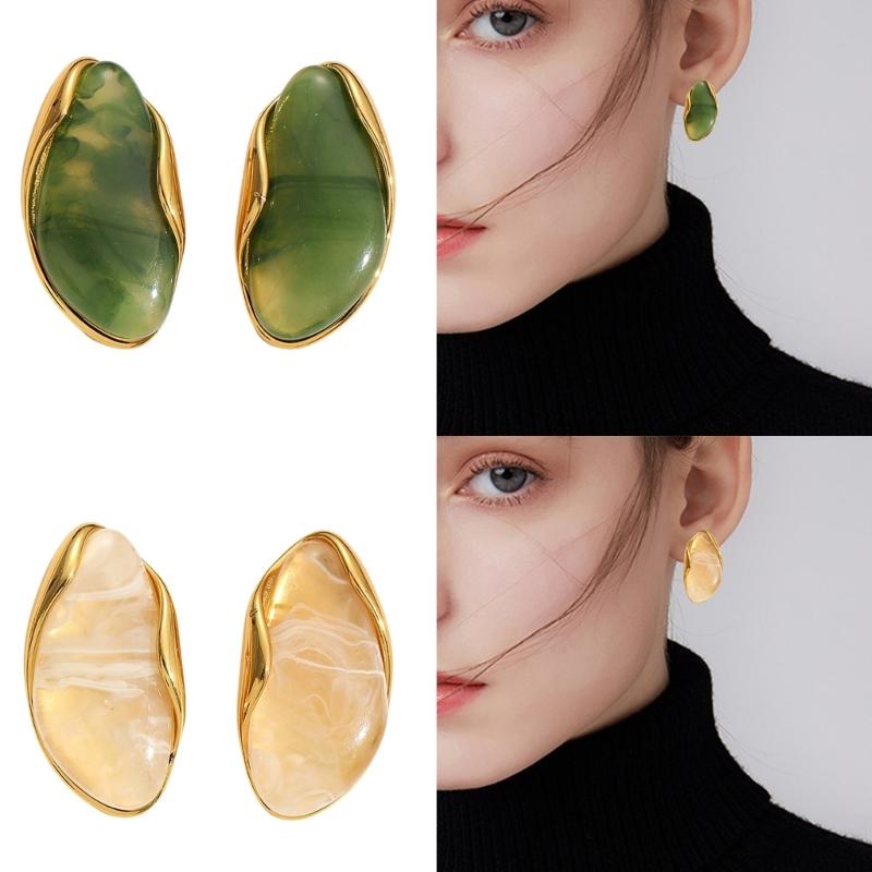 Stylish Multi Color Resin Ear Studs Stainless Steel Geometric Shaped Earrings Elegant Gold Tone Women Fashion Jewelry