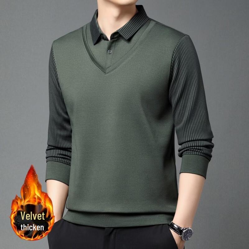 Yalu Men's Faux Two-Piece Fleece-Lined Shirt-Collar Sweater