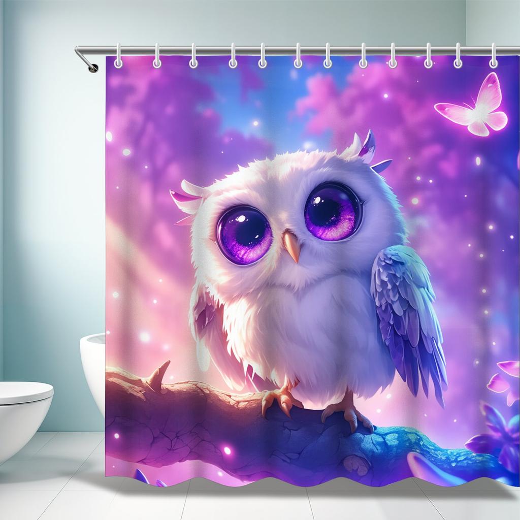 Whimsical Owl Shower Curtain - With Butterflies, Pastel Fantasy Design, Durable Fabric, Ideal For Kids' Bathroom Decor