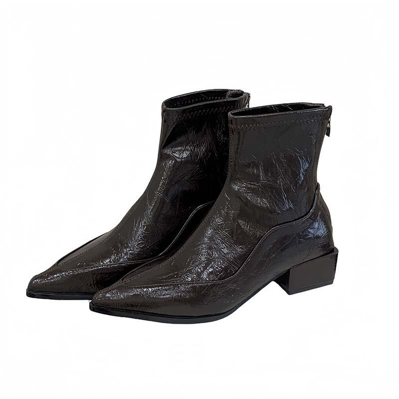 2025 Autumn and Winter New Sheepskin Pointed Elastic Boots Children's Rear Zipper Short Boots Thick Heel French Fashion Thin Boots Women