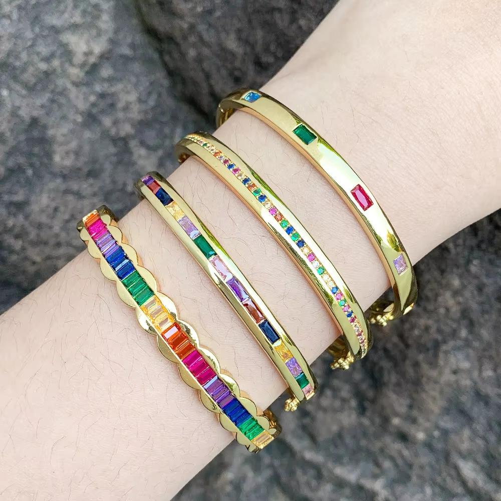 Open Vintage Cute Colorful Cubic Zirconia Copper Gold Plated Anti Tarnish Fashion Jewelry Bracelets & Bangles Link for Women