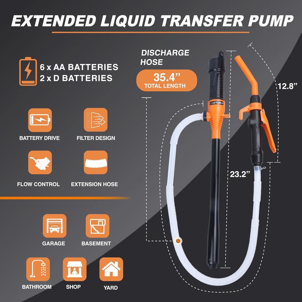 Battery Transfer Pump Portable Electric Siphon Pump For Gas Fuel Diesel Water 2.2 GPM With Extra Long Hose Flow Control Nozzle Quick Start Stop