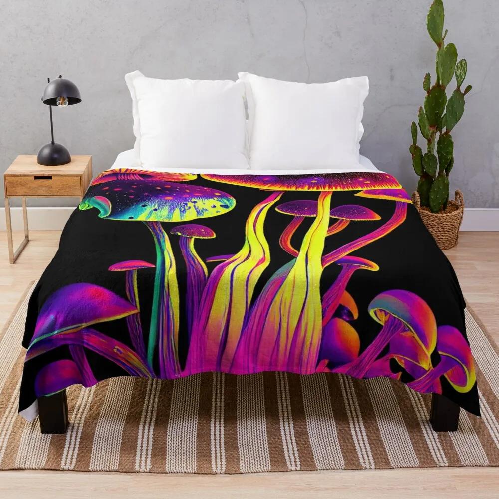 Mushroom Flannel Throw Blanket King Queen Size Brown Mushroom Pattern for Bed Sofa Couch Decor Smooth Lightweight Super Soft