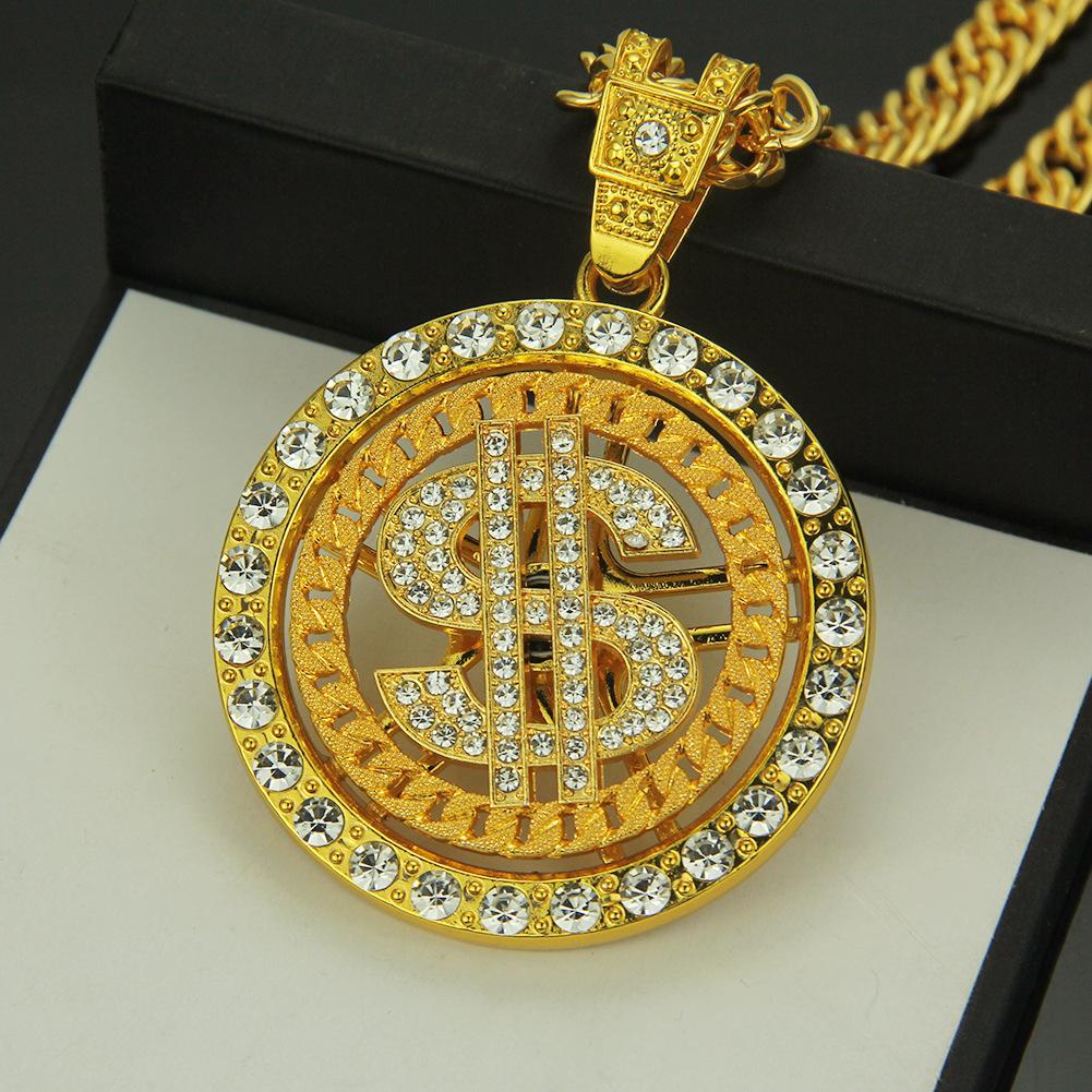 Diamond-encrusted Dollar Rotating Pendant Necklace, Nightclub Clubbing Accessories, Popular Hip-hop Personality Trendy Necklace In Europe and America