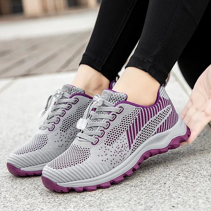 Outdoor Casual Sneakers Ladies Non-Slip Soft Elderly Walking Shoes Spring Flying Woven Breathable Hiking Shoes Women Autumn