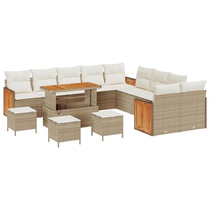 Ensemble 14 pièces de sofa de jardin avec coussins beige en poly rattan acacia, Sofa de jardin 2 places avec coussins beige 3363371