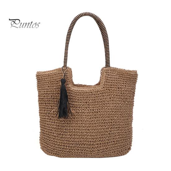 

Соломенная пляжная сумка с кисточками, женская плетеная сумка через плечо, портативная летняя сумка-тоут для повседневного использования, для путешествий и отпуска верблюд