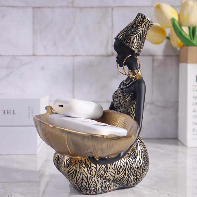 African Woman Fruit Plate Resin Storage Ornament – Decorative Desk Tray for Home & Office