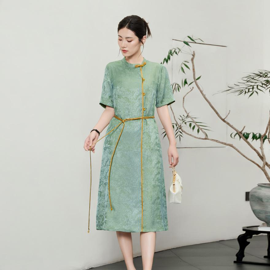 Silk Dress Medium and Long Summer New Temperament Jacquard Short Sleeve Mulberry Silk Skirt Women