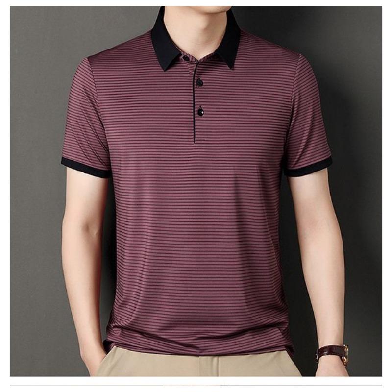 

Men s Short Sleeve Polo Shirt Contrast Collar Striped Pattern Breathable Casual Business Tops L червоний