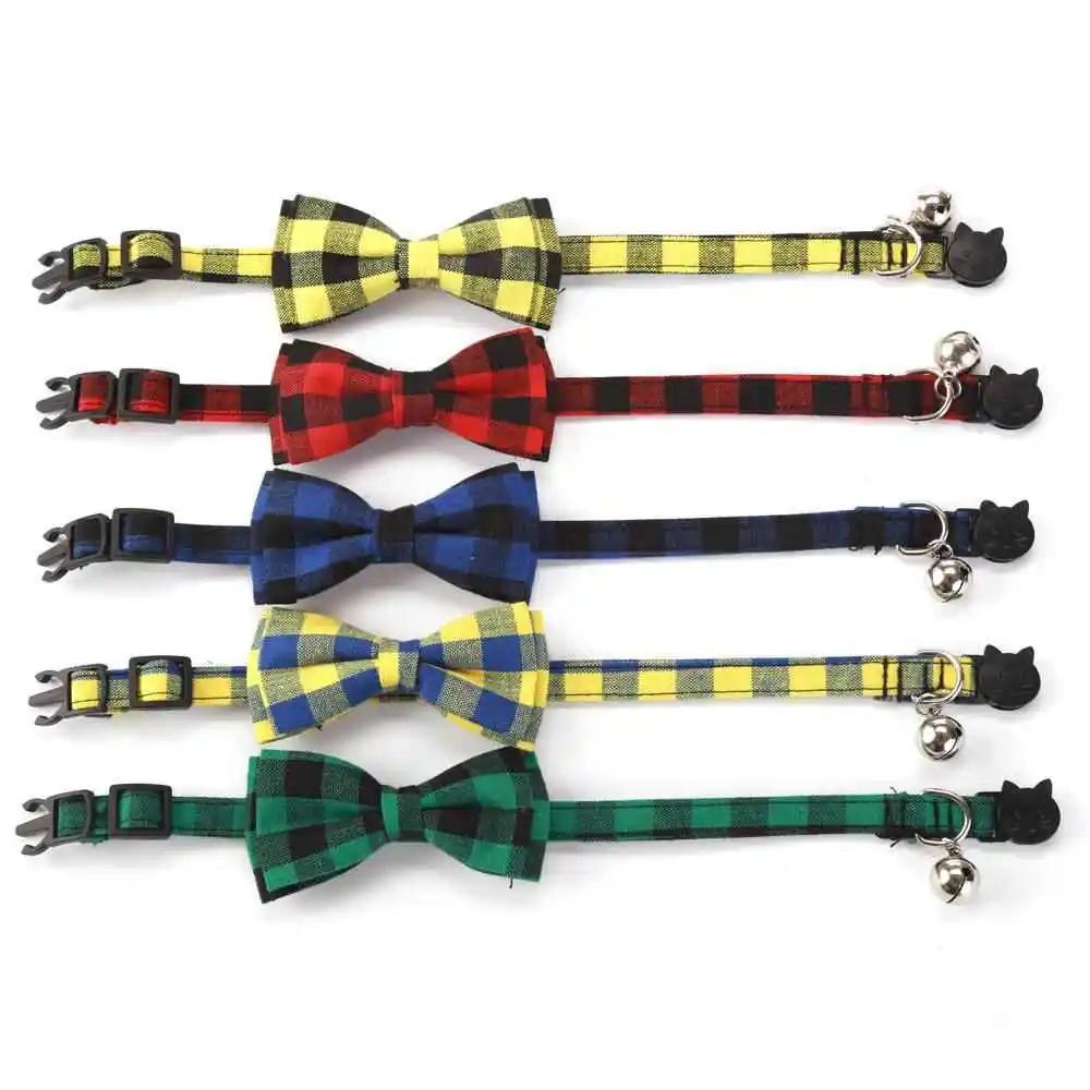 Pet Breakaway Kitten Cat Collar Bow Tie with Bell Cute Plaid Christmas Red Adjustable Dog Collar for Cats Kitten Accessories