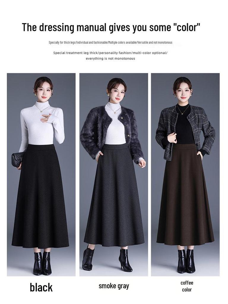 2025 Autumn/Winter Wool Cashmere High-Waisted A-Line Pocket Skirt, Mid-Length.