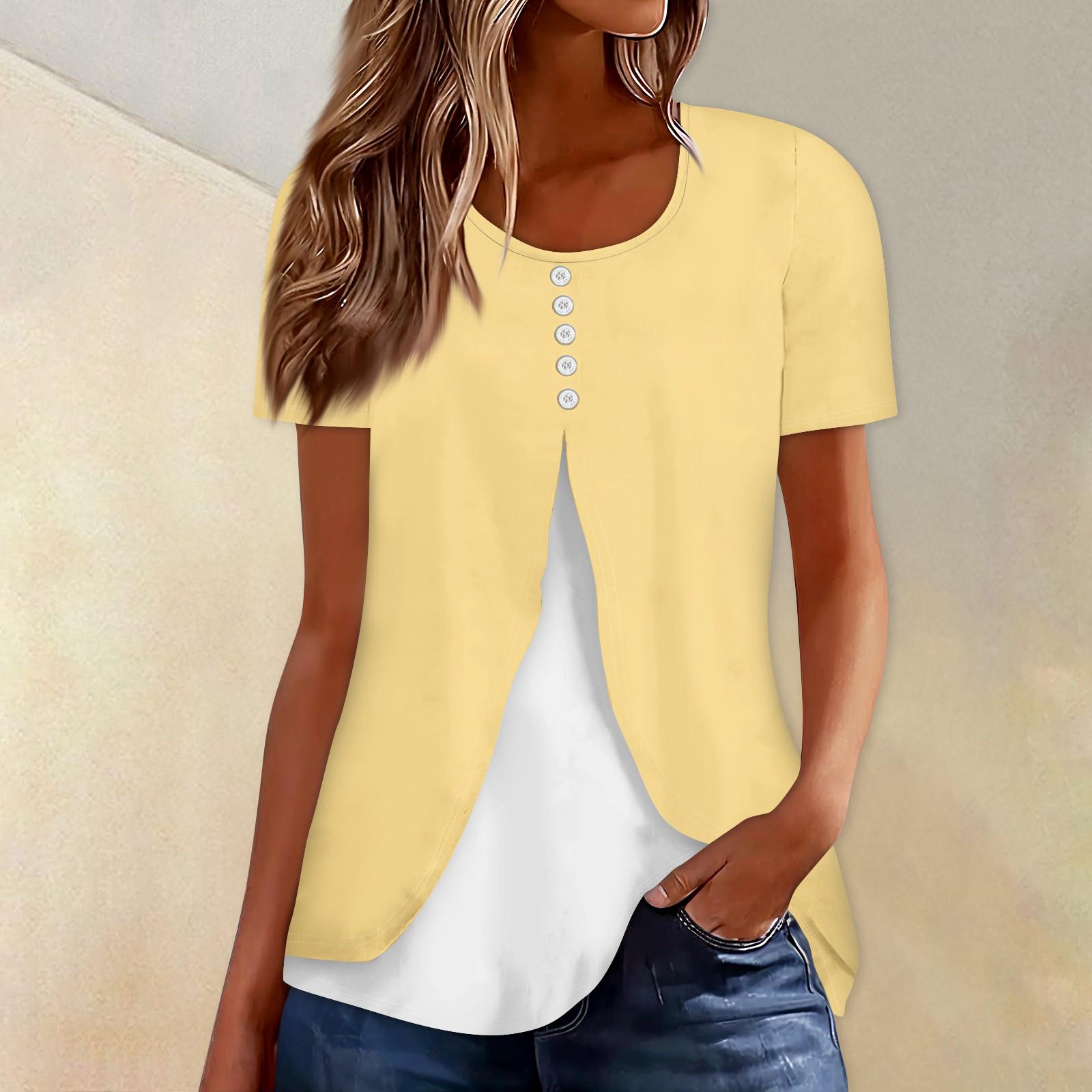 

Жіночі сорочки з короткими рукавами Одягнені літні повсякденні однотонні круглі вирізи Блузки з нерівним подолом Трійники M жовтий