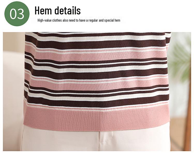 Stylish Striped Ice Silk Short Sleeve T-shirt for Middle-Aged Women