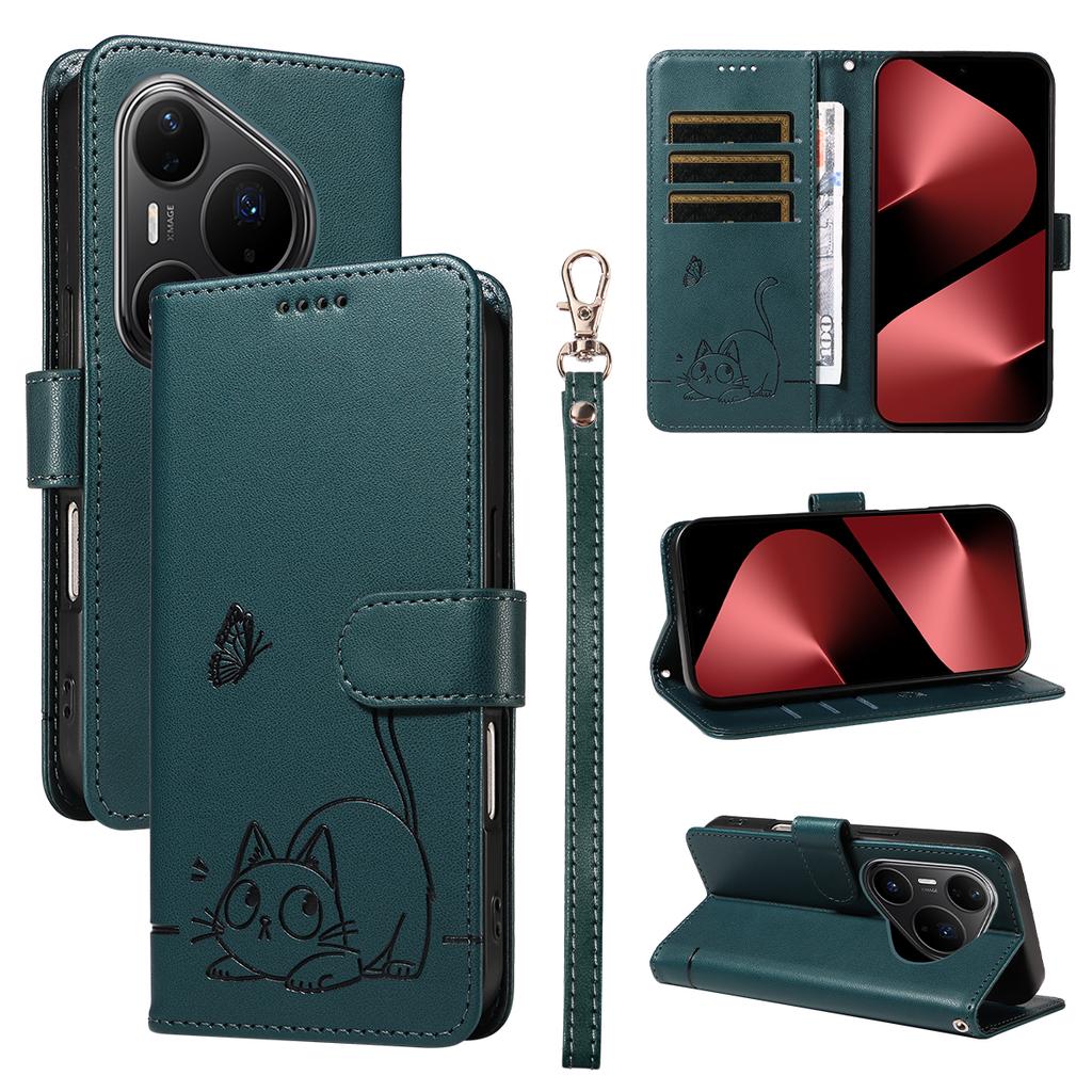 For Huawei Pura 80 Pro+/Huawei Pura 80 Pro Case Cat Pattern Imprint Leather Phone Cover with Wrist Strap