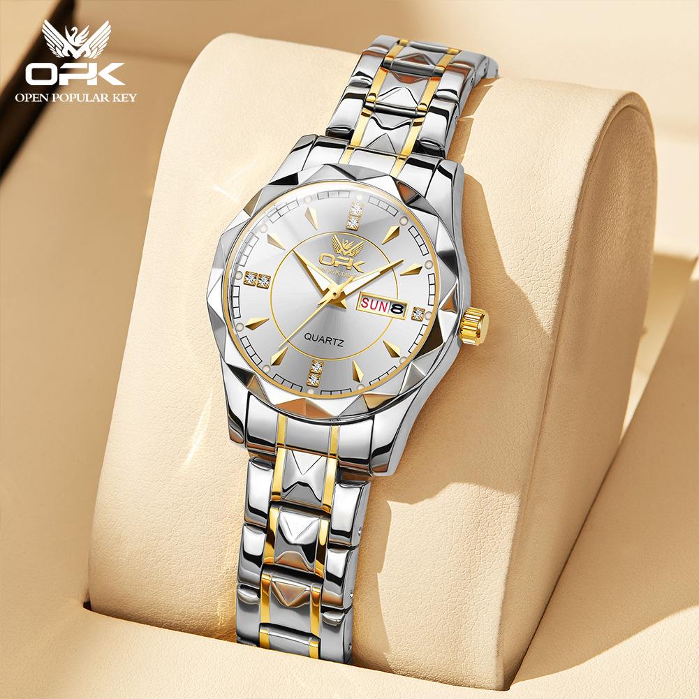 Rhombus Cut Couple Watch, A Pair of Steel Straps, Double Calendar Men's Watch, Luminous Waterproof Women's Watch, High-end