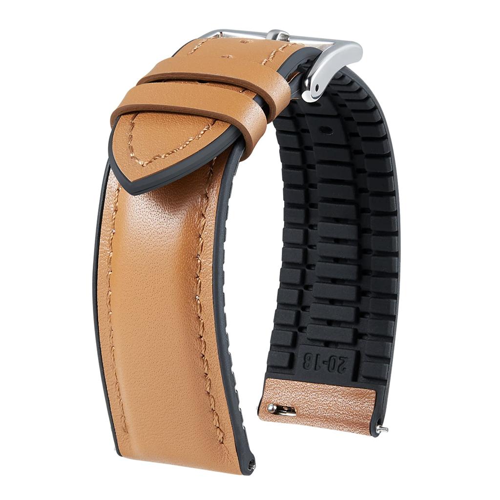 Leather Watch Band with Inner Rubber Breathable Hybrid Quick Release Watch Strap Wristwatch Strap Smartwatch Strap Unisex Silver [BINLUN] (Light