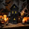 Unique Halloween Tabletop Piece Lighted Village House Statue with LED Light, Gothic Decorative Room Accents Black Spooky Figurine for Holiday