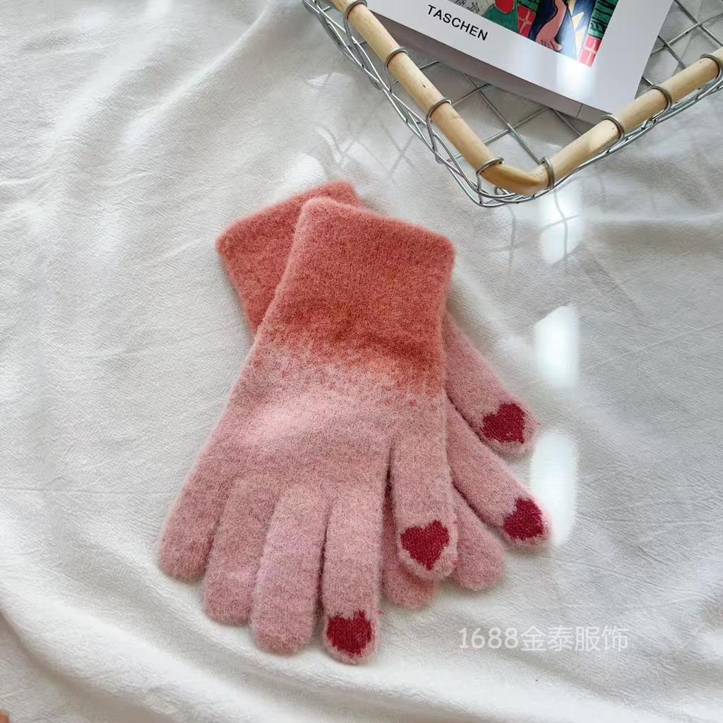 Christmas Wind Five-finger Gloves Cute Girl 25 Winter New Touch Screen Knitted Velvet Thickened Antifreeze Warm Gloves