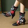 Autumn Spring Mid-calf Boots Women 2025 Fashion Flower White Black Short Boot Ladies Elegant Heels Point Party Shoes for Girls