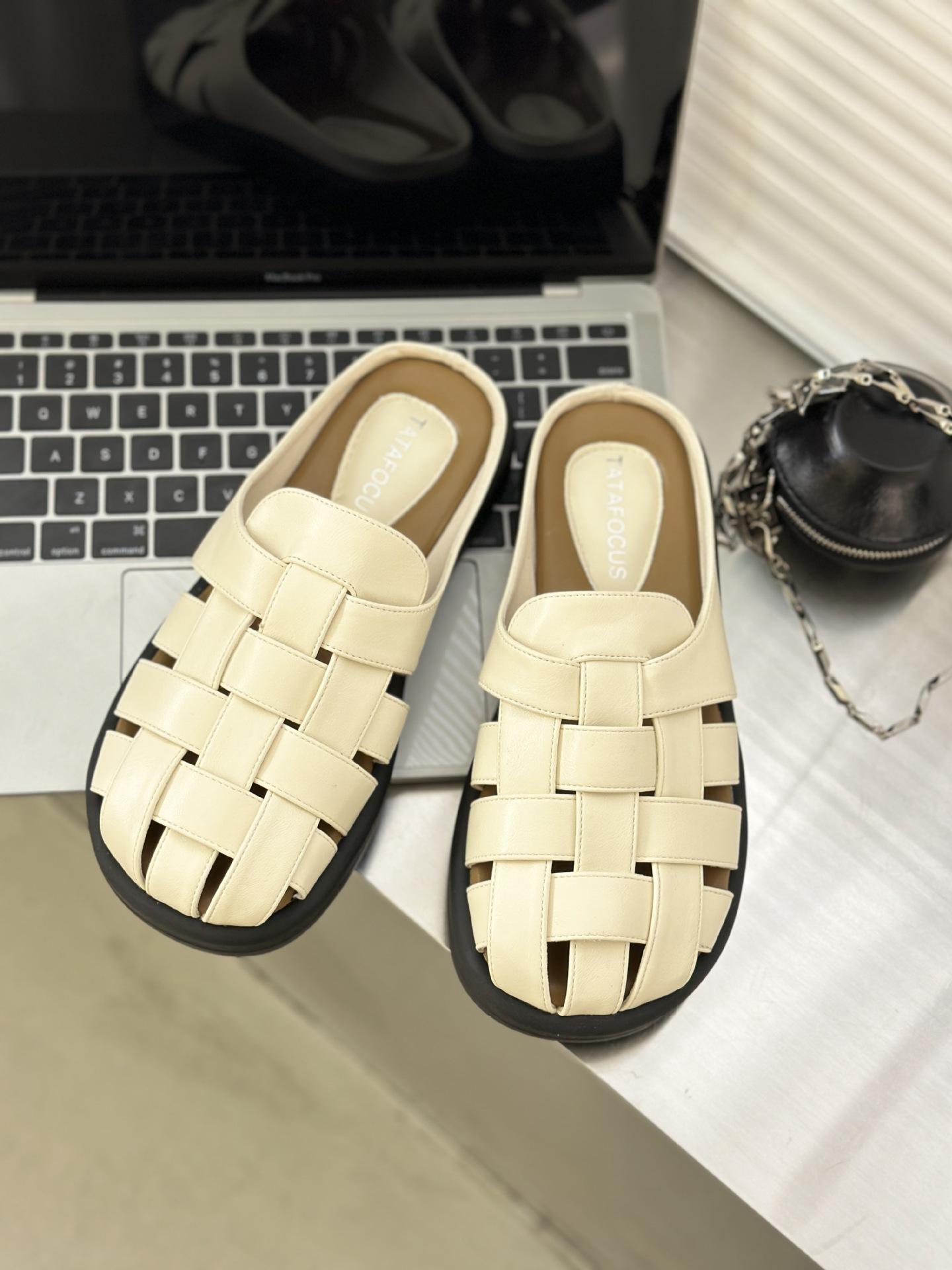 

Модные мягкие кожаные полутапочки женские летние 2024 новые дизайнерские винтажные тканые полые толстые подошвы Mueller обувь для женщин 35