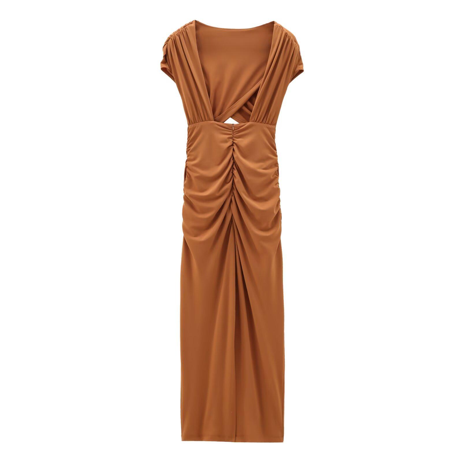 

Women s 2024 Autumn Open Back Halter Neck Midi Dress - European & American Style, Slim Fit, Short Sleeve, Sexy Design L коричневый