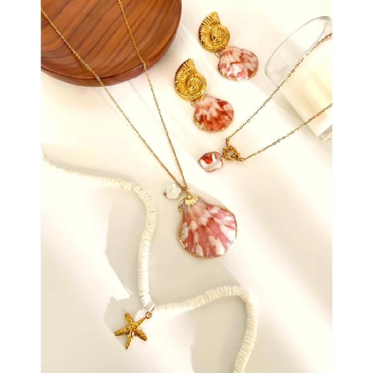 Summer Marine Style Matching Necklace Earrings Set With Seashells Pendant And Coral Accents For Women