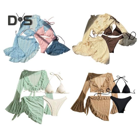 4-teiliges Set für Damen, sexy Badeanzug, Neckholder-BH und Slip mit Schnürung, Rüschenbesatz, Strandstil, langärmeliges Cover-Up-Top und Rock-Set