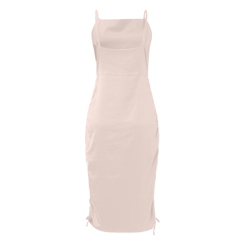 Women's Fashion Casual Color Camisole Drawstring Satin V-Neck Open Back Pleated Dress