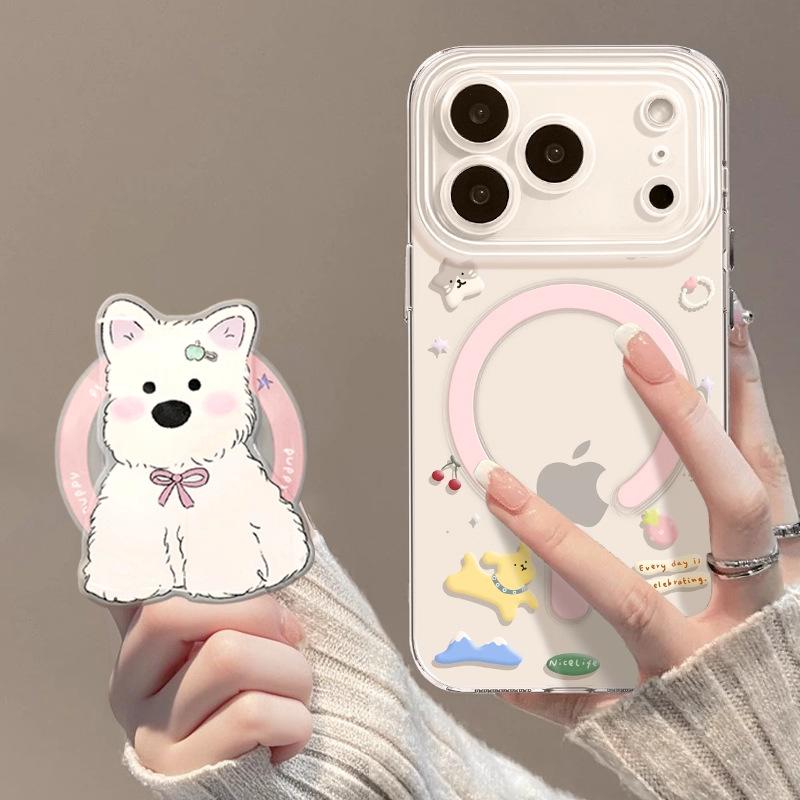West Highland Puppy Transparent Magnetic Mobile Phone Case for 13 Apple 17promax with bracket iPhone16 set 15