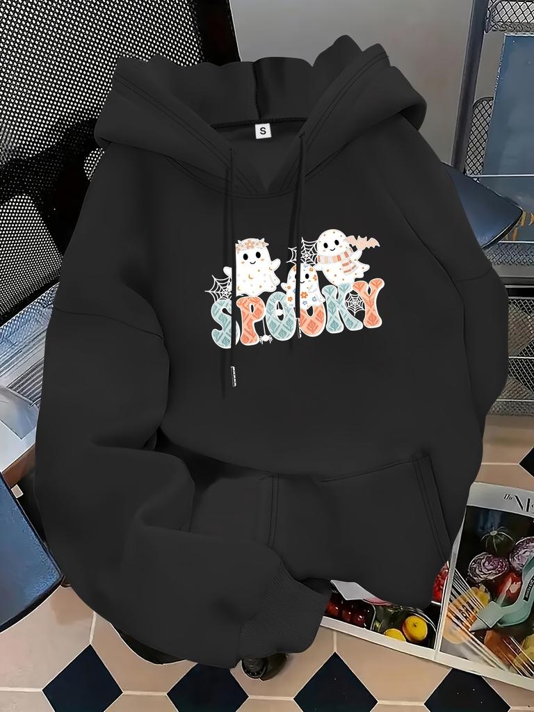Unisex Fall Autumn Halloween Cute Ghost Print Kangaroo Pocket Graphic Hoodie Hooded Sweatshirt Printed Casual Top for Daily Wear