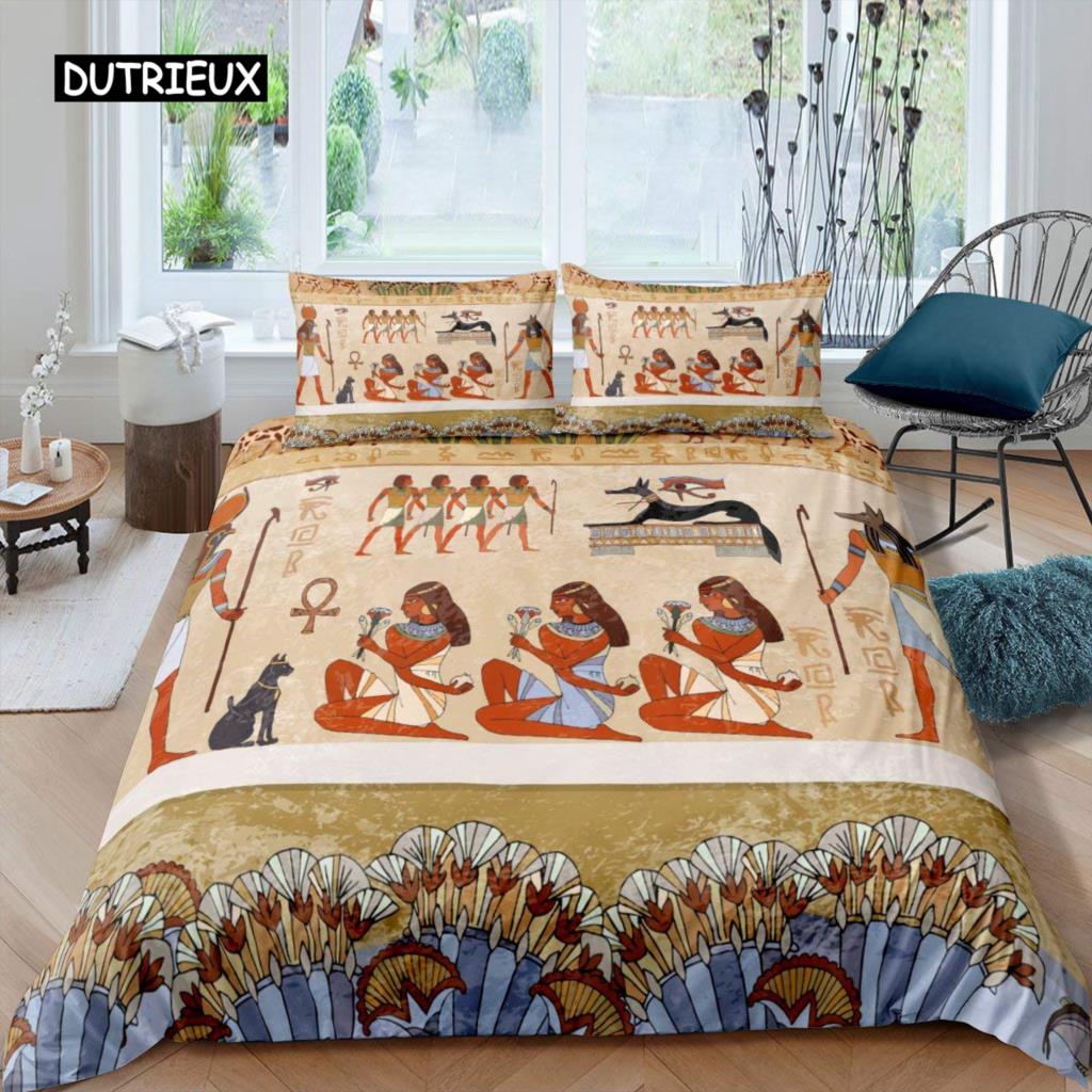 Ancient Egypt Duvet Cover Set Egyptian Symbol Bedding Set Vintage Pharaoh Pyramid Boho Tribal Polyester Quilt Cover 2/3pcs Queen