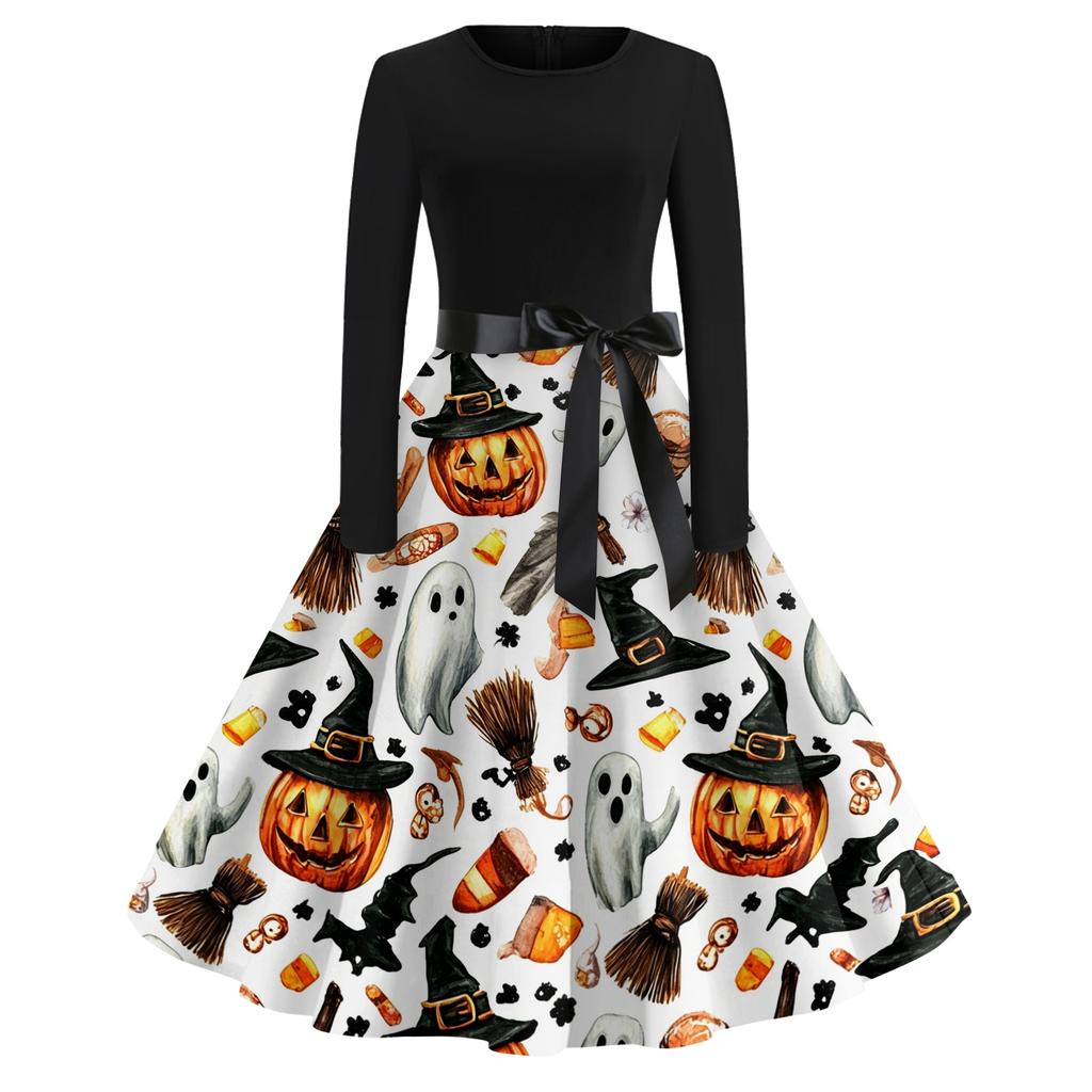 Women's Casual Retro Halloween Dress Long Sleeve Round Neck Vintage Fit and Flare Dress with Bat Print and Waist Tie Belt for Everyday Wear