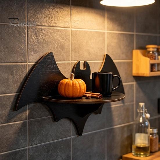 Hollowed Hanging Ornament Halloween Wooden Wall Shelf, Ghost Bat Shape Organizer for Mounted Shelf Home Decor, Spooky Farmhouse Display Rack, Festive