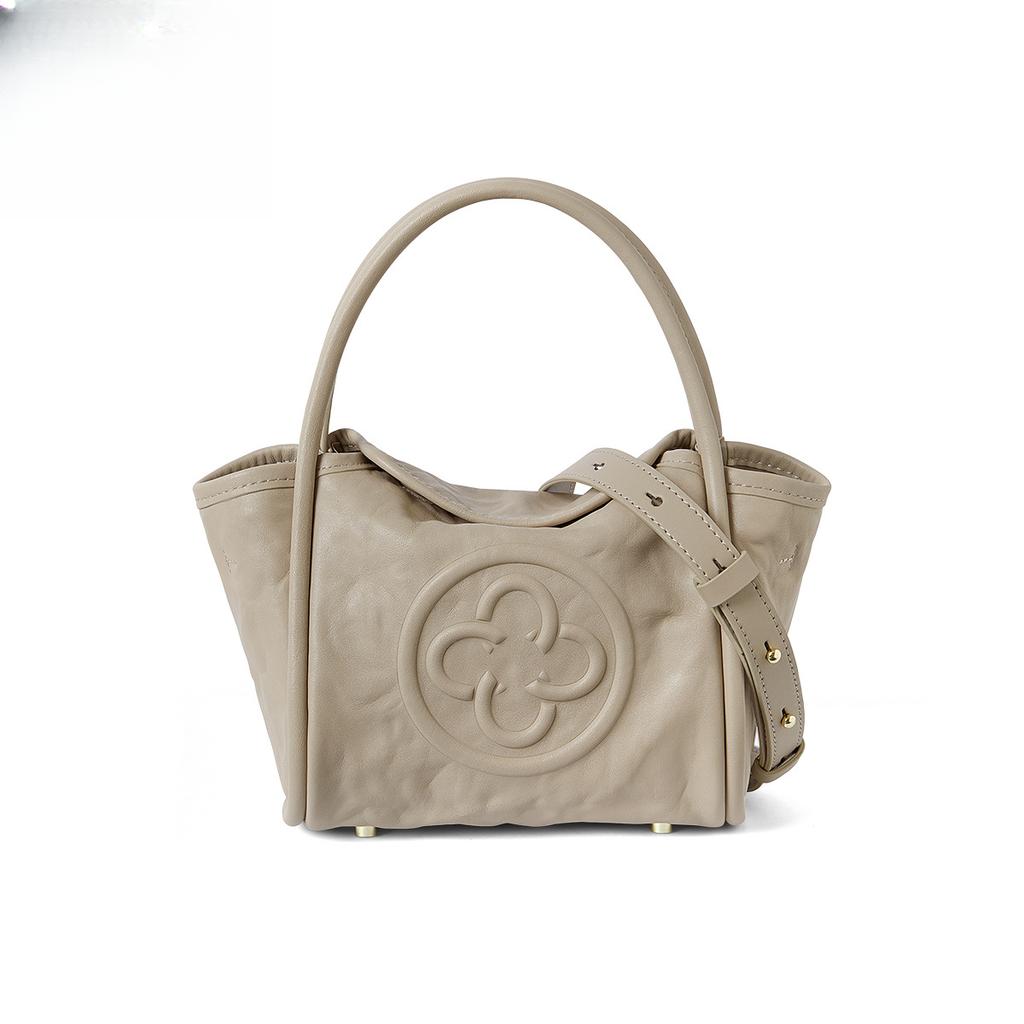 Borsa da Donna, Borsa Angelo, Borsa a Spalla Singola o a Tracolla Pieghettata in Pelle di Primo Strato conciata al Vegetale, Borsa a Cesto Rosa da Mano